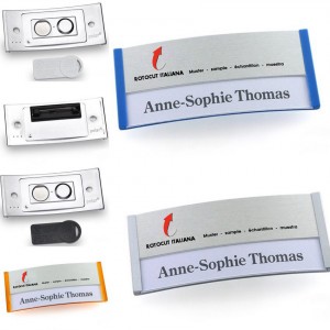 Badge portanome in alluminio, stampa diretta, nome intercambiabile – Vari tipi di chiusura